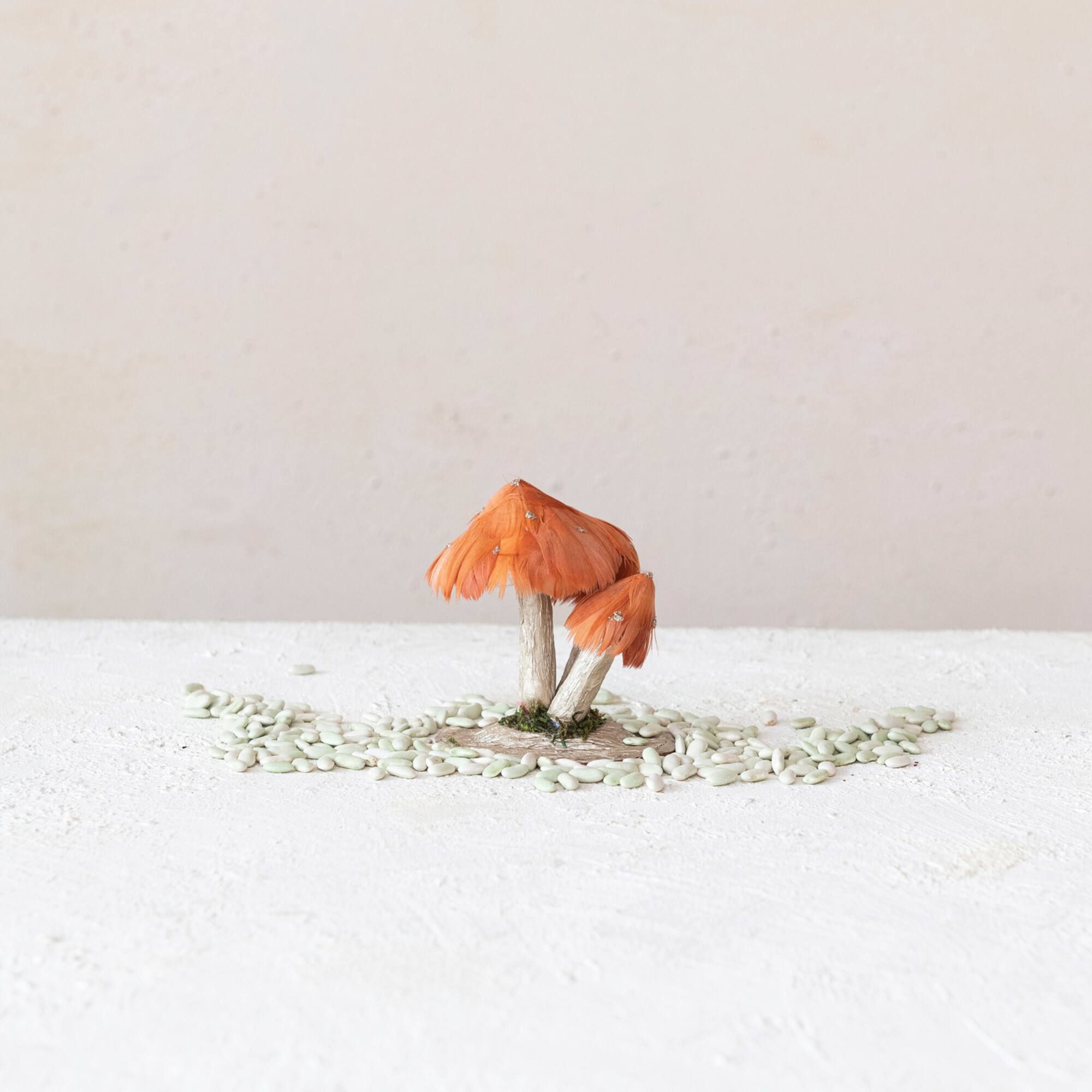 Hello Honey® 4.25" Rust Foam & Feather Mushroom with Gold Glitter & Faux Moss